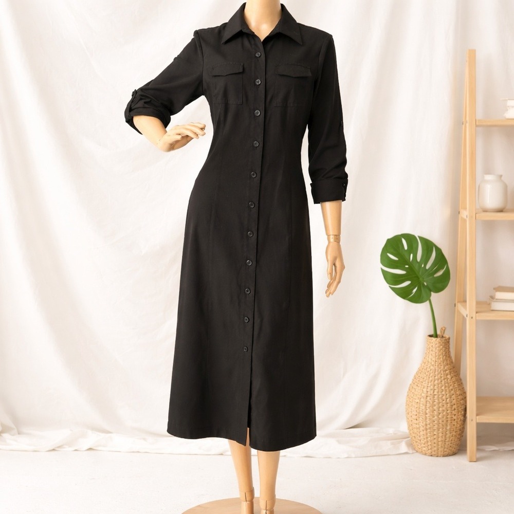 Style & Co Petite Black Button Down Shirt Dress Stretch Size 12P Midi Minimalist
